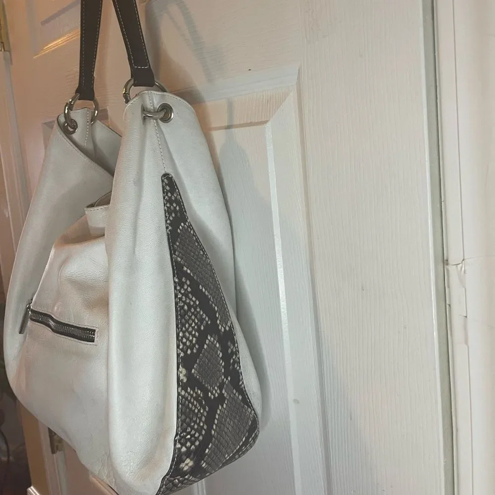 ARCADIA made in Italy White Genuine Leather Satchel Snake skin print accent.